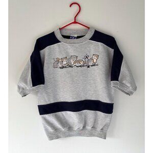 90s vintage kittens cat graphic striped short sleeved crewneck pullover sweater
